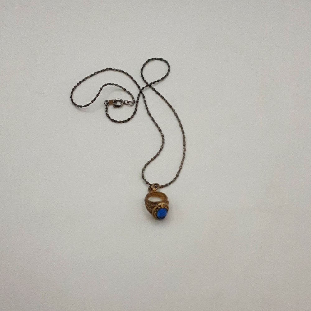 Vintage 1984 Miniature Cjass Ring Pendant/Charm Goldtone Blue Stone